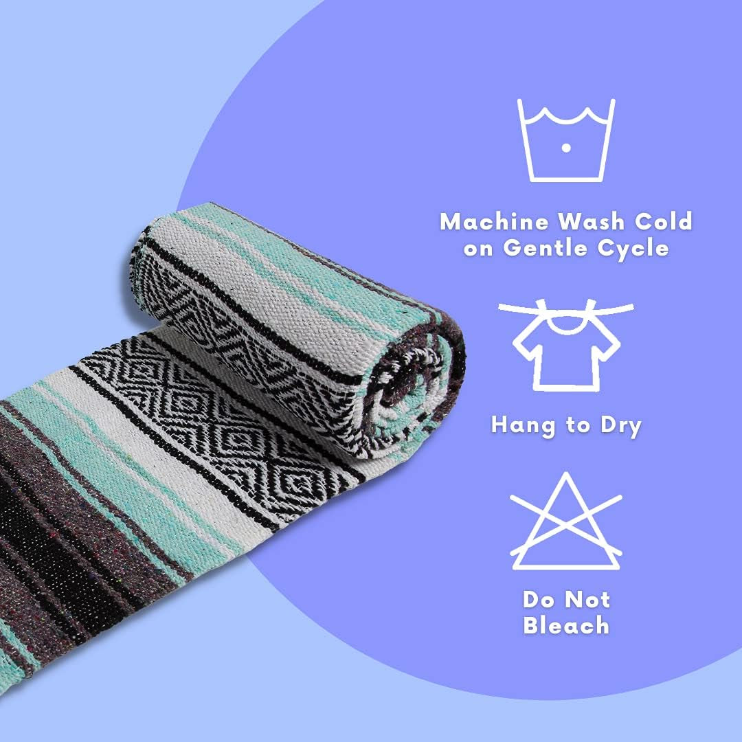 Mexican Yoga Blanket | Colorful Falsa Serape | Park Blanket, Yoga Towel, Picnic, Beach Blanket, Patio Blanket, Soft Woven Saddle Blanket, Boho Home Décor (Cool Mint & Gray)
