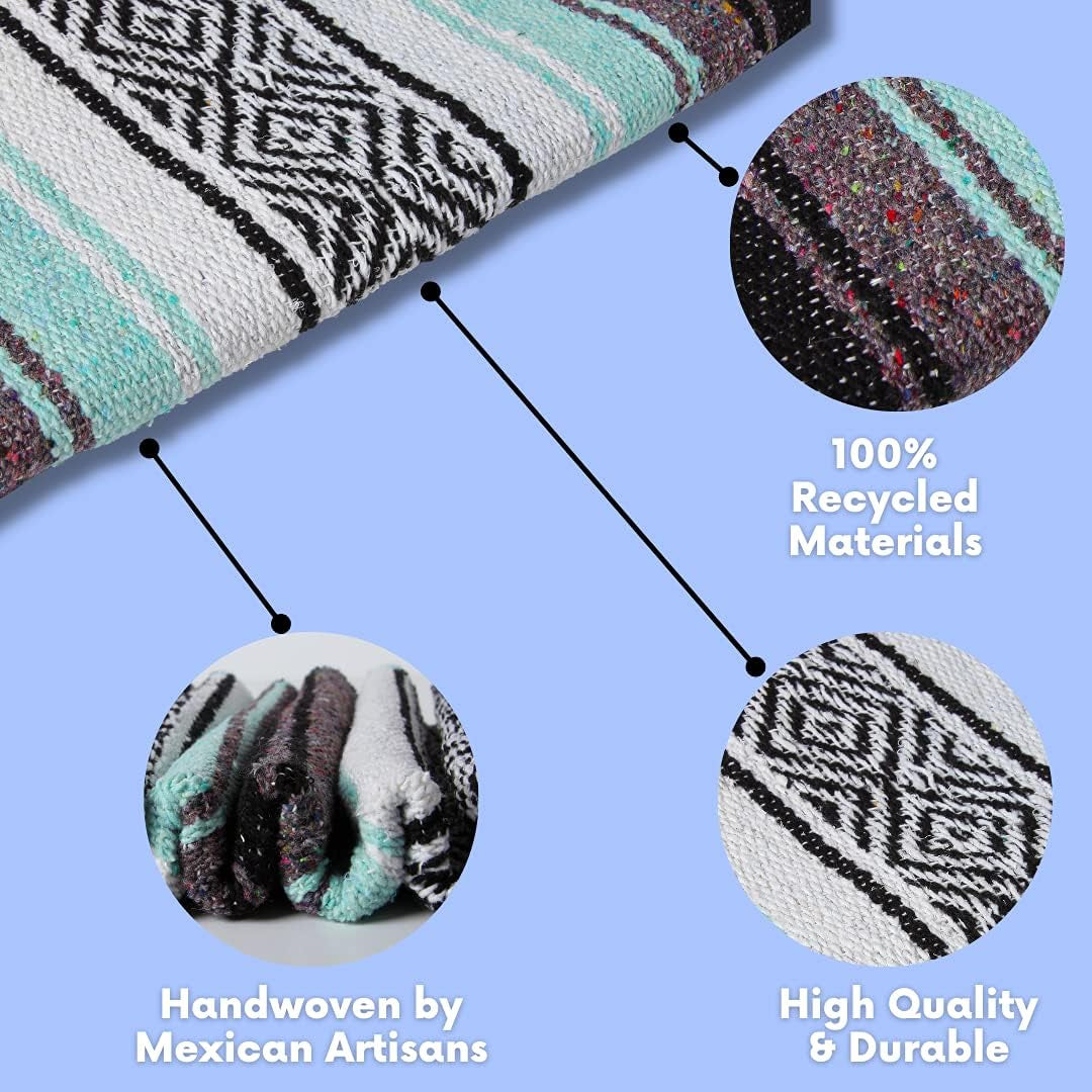 Mexican Yoga Blanket | Colorful Falsa Serape | Park Blanket, Yoga Towel, Picnic, Beach Blanket, Patio Blanket, Soft Woven Saddle Blanket, Boho Home Décor (Cool Mint & Gray)
