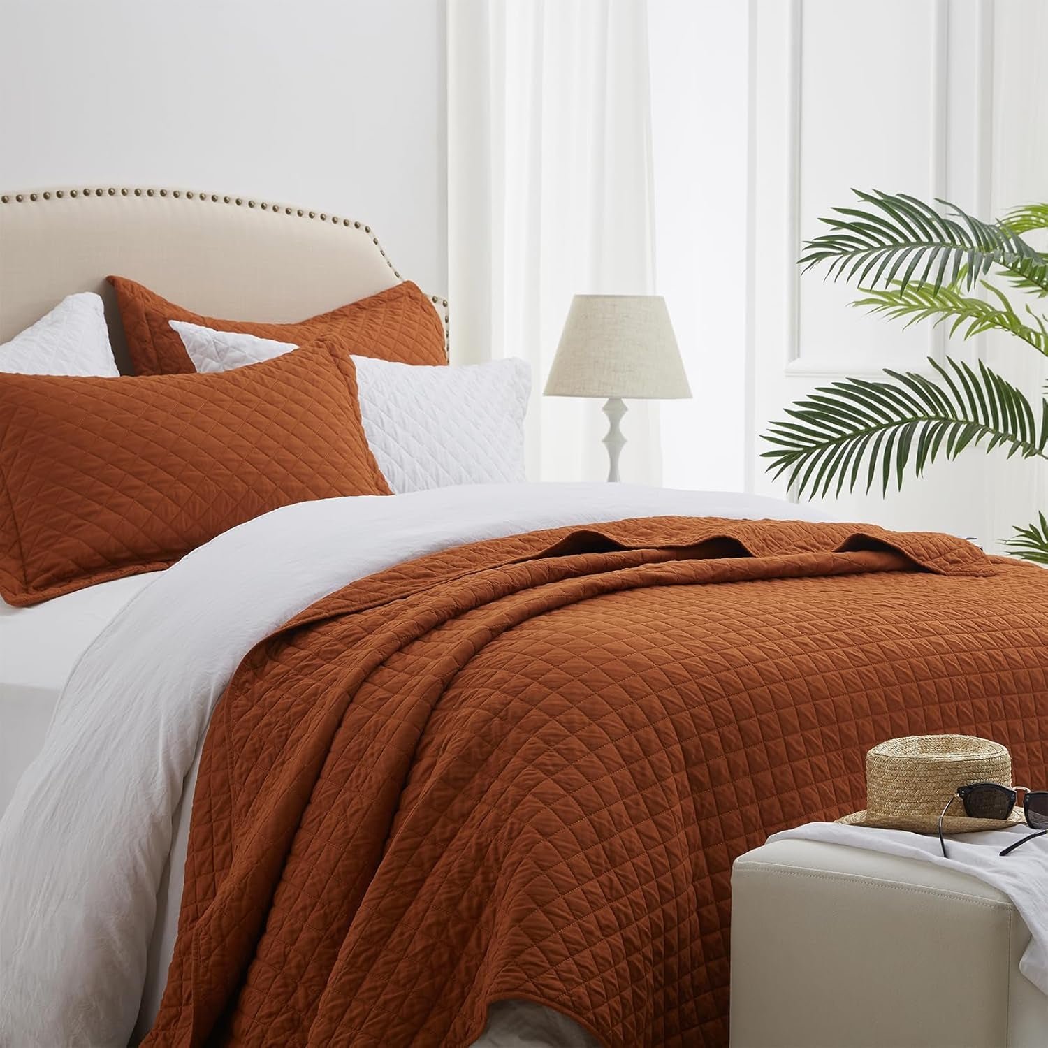 Quilt Set King Rust Lightweight Bedspread Soft Reversible Coverlet for All Season 3Pcs Burnt Orange Diamond Quilted Bedding Sets (1 Quilt 2 Pillow Shams)(106"X96")