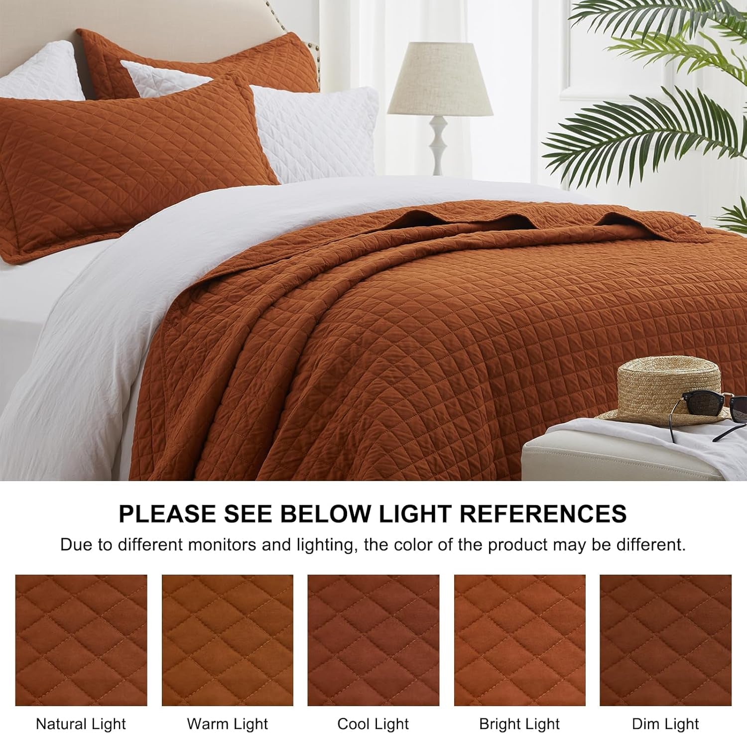 Quilt Set King Rust Lightweight Bedspread Soft Reversible Coverlet for All Season 3Pcs Burnt Orange Diamond Quilted Bedding Sets (1 Quilt 2 Pillow Shams)(106"X96")