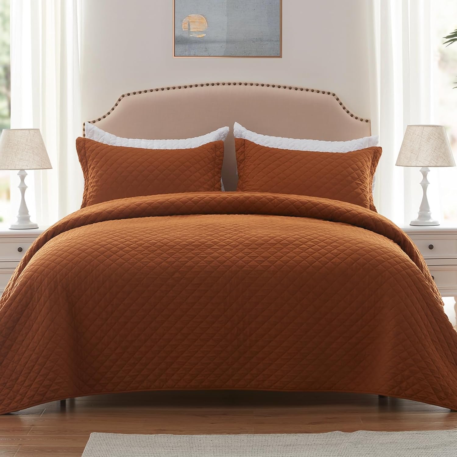 Quilt Set King Rust Lightweight Bedspread Soft Reversible Coverlet for All Season 3Pcs Burnt Orange Diamond Quilted Bedding Sets (1 Quilt 2 Pillow Shams)(106"X96")