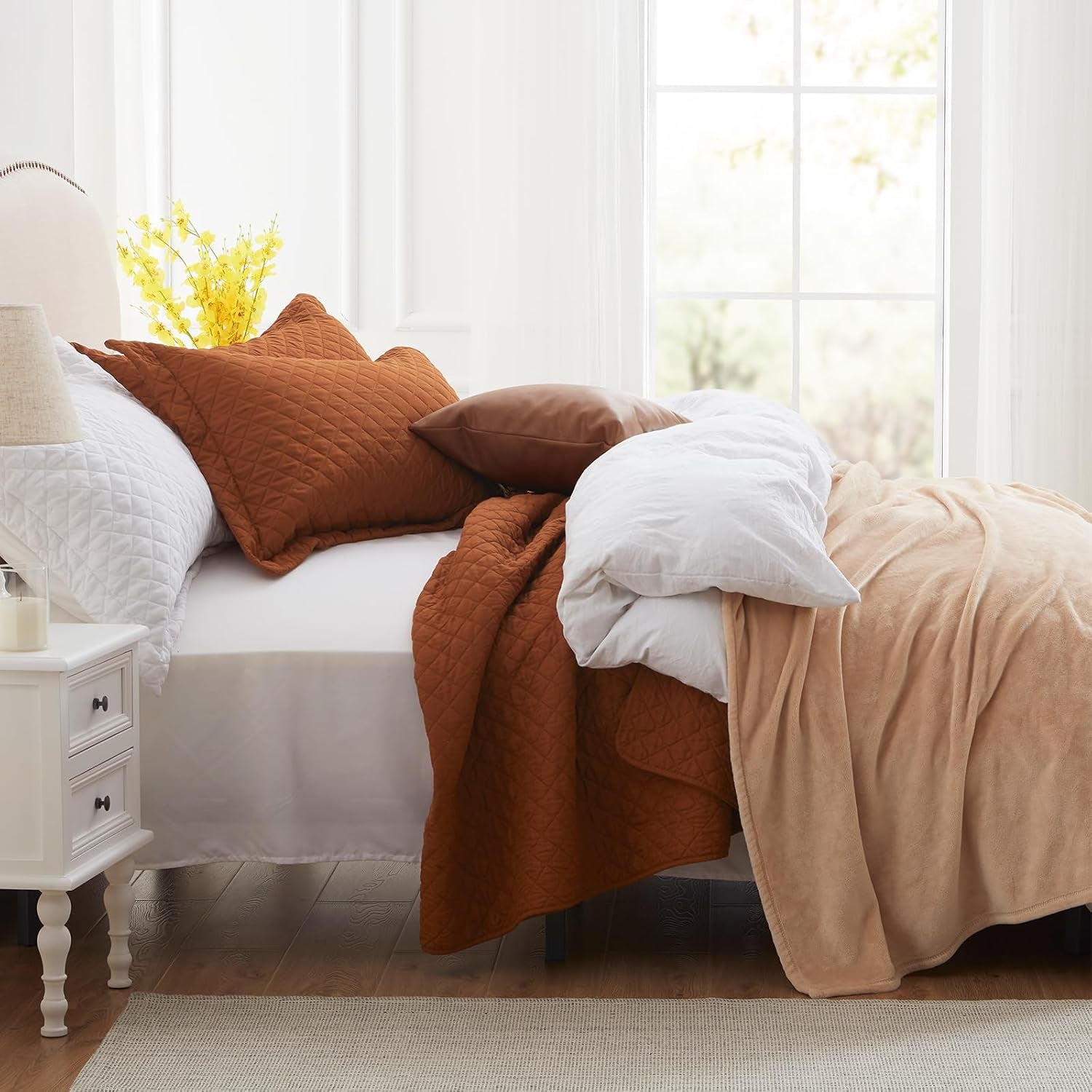 Quilt Set King Rust Lightweight Bedspread Soft Reversible Coverlet for All Season 3Pcs Burnt Orange Diamond Quilted Bedding Sets (1 Quilt 2 Pillow Shams)(106"X96")