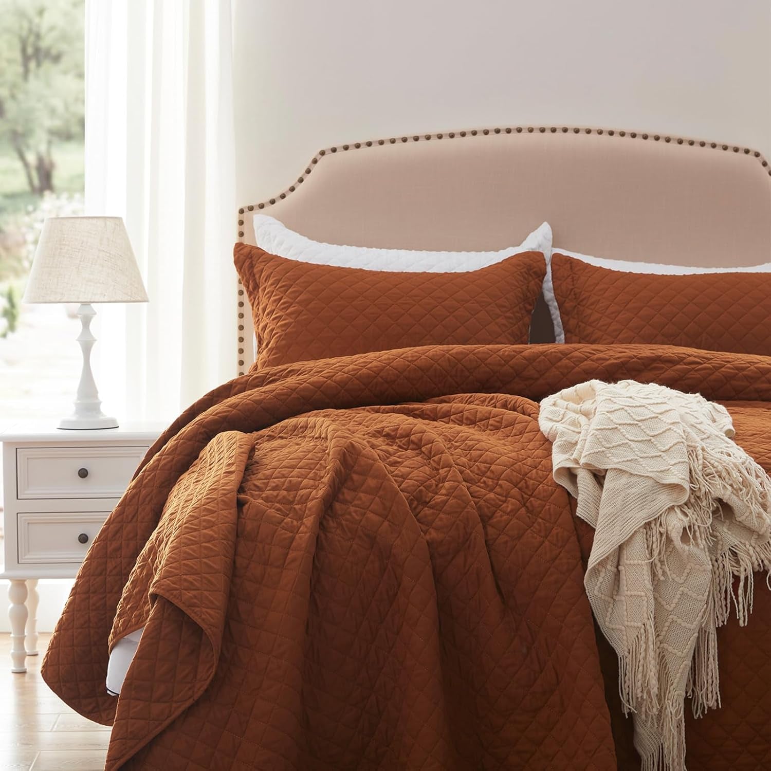 Quilt Set King Rust Lightweight Bedspread Soft Reversible Coverlet for All Season 3Pcs Burnt Orange Diamond Quilted Bedding Sets (1 Quilt 2 Pillow Shams)(106"X96")